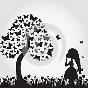 Silhouettes of miracle tree from butterflies and girl.