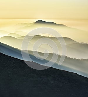 silhouettes of morning mountains. foggy morning in the Carpathians