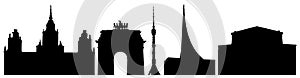 Silhouettes of Moscow buildings in Russia, University, Triumphal Gate, Tower in Ostankino, Cosmonautics Museum, Bolshoi Theater,