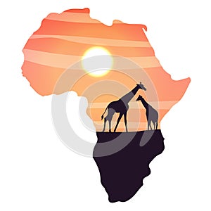 Silhouettes of the mother of a giraffe and her cub in the African savannah. Realistic vector landscapes in the form of a map of co