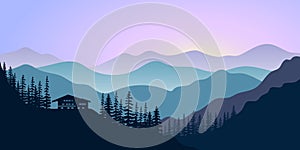 Silhouettes of mountains, chalet and forest at sunrise. Vector illustration. photo