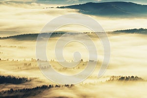 Silhouettes of mountains. A misty autumn morning. Dawn in the Carpathians