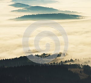 Silhouettes of mountains. A misty autumn morning. Dawn in the Carpathians