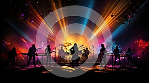 Silhouettes Of Music Instruments And Colorful Stage Background