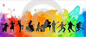 Silhouettes of musicians on the background of blots. Group of people with musical instruments illustration. Music rock`n`roll back