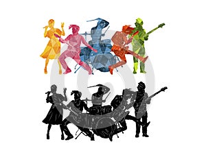 Silhouettes of musicians. Group of people with musical instruments illustration. Music rock`n`roll, jazz vector background