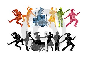 Silhouettes of musicians. Group of people with musical instruments illustration. Music rock`n`roll, jazz vector background