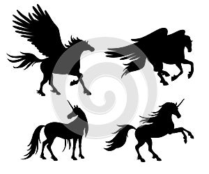 Silhouettes of mythical horses - vector illustration