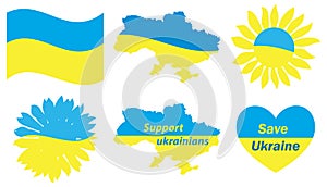 Silhouettes of national flag and map of Ukraine - set of yellow and blue vector design elements