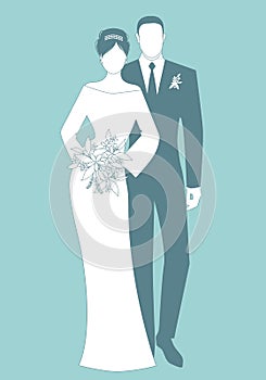 Silhouettes of newlyweds couple wearing wedding clothes. Classic Style. Elegant groom and beautiful bride holding bridal bouquet