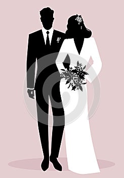 Silhouettes of newlyweds couple wearing wedding clothes. Classic Style. Elegant groom and beautiful bride holding bridal bouquet