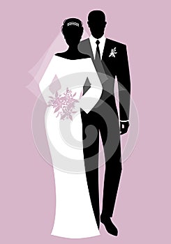 Silhouettes of newlyweds couple wearing wedding clothes. Classic Style. Elegant groom and beautiful bride holding bridal bouquet