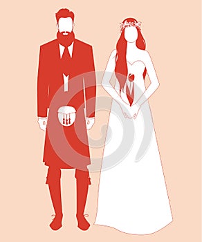 Silhouettes of newlyweds couple wearing wedding clothes Scottish style.