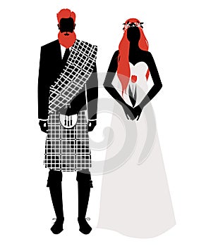 Silhouettes of newlyweds couple wearing wedding clothes Scottish style.