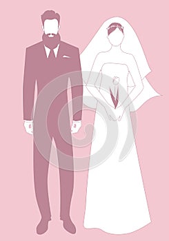 Silhouettes of newlyweds couple wearing wedding clothes. Stylish bearded groom and beautiful bride with veil holding a tulip