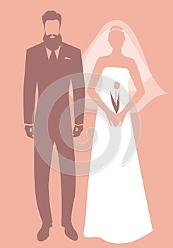 Silhouettes of newlyweds couple wearing wedding clothes. Stylish bearded groom and beautiful bride with veil holding a tulip