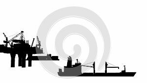 Silhouettes of offshore oil platforms in the water on a white background