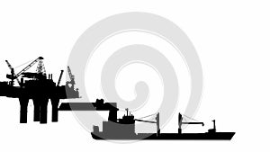 Silhouettes of offshore oil platforms in the water on a white background