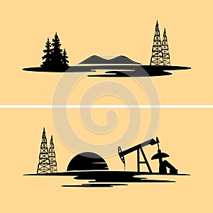 Silhouettes of oil and gas rigs in the natural environment