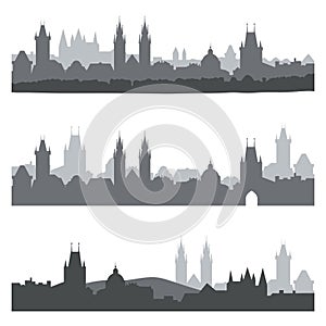 Silhouettes of old town of Prague. Set of city skylines in dark colors.