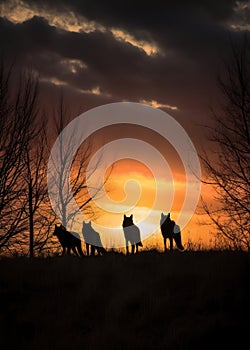 silhouettes of a pack of wolves standing on a hill with a beautiful sunset in the background