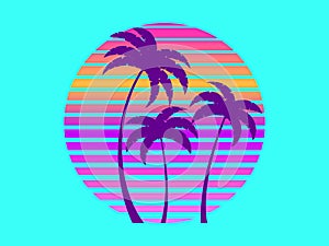 Silhouettes of palm trees against a retro futuristic sun background. Palm trees against a background of gradient sun in synthetic