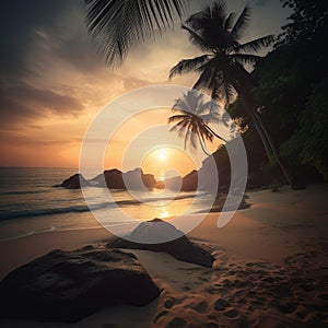 silhouettes of palm trees in a beautiful beach at sunset, sunrise in a caribbean island vacation concept, generative AI