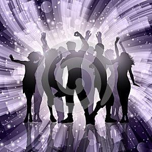 Silhouettes of party people on abstract swirl background
