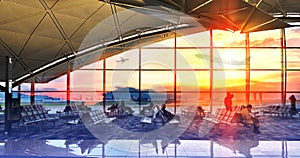 Silhouettes passenger airport. Airline travel concept