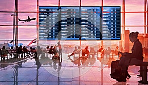 Silhouettes passenger airport. Airline travel concept