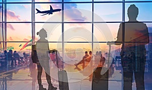Silhouettes passenger airport terminal. Airline travel concept