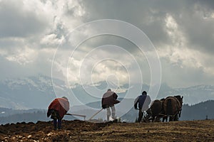 Silhouettes of peasants farming up the mountain