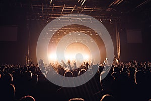 Silhouettes of people in a bright in the pop rock concert in front of the stage. Hands with gesture Horns. That rocks. Party in a