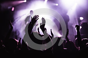 Silhouettes of people in a bright in the pop rock concert in front of the stage. Hands with gesture Horns. That rocks. Party in a