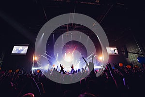 Silhouettes of people in a bright in the pop rock concert in front of the stage. Hands with gesture Horns. That rocks. Party in a