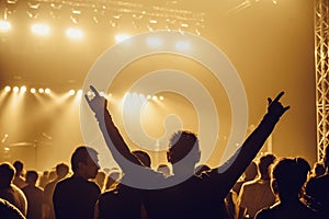 Silhouettes of people in a bright in the pop rock concert in front of the stage. Hands with gesture Horns. That rocks. Party in a