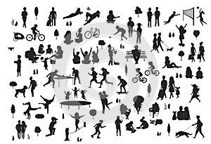 Silhouettes of people in the city park scenes set, men women children make sport, walk, at picnic, relaxing