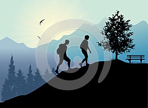 Silhouettes of people climbing and hiking on forest background. Mountaineering