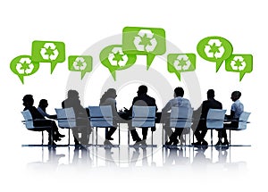 Silhouettes of People in Conference With Speech Bubbles in Recycling Concept