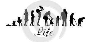 Silhouettes of people. The cycle of life. Silhouettes of women from birth to old age. Vector illustration