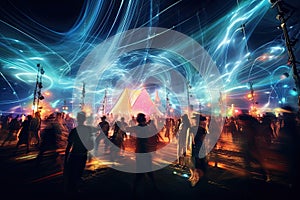 Silhouettes of people dancing in a night club. Abstract lights background, AI Generated