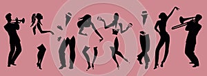 Silhouettes of people dancing salsa and musicians playing