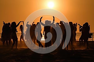 Silhouettes of People Dancing Summer Beach Party Concept