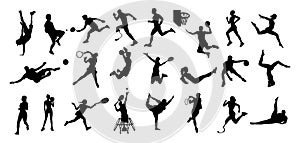 Silhouettes of people do various sport activities.