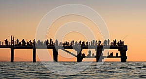 Silhouettes of the people fishing, sunset over sea on a pier