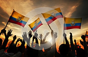 Silhouettes of People Holding Flag of Ecuador