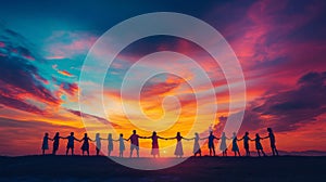 Silhouettes of People Holding Hands at Sunset