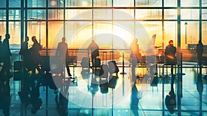 Silhouettes of People with Luggage at the Airport during Sunset