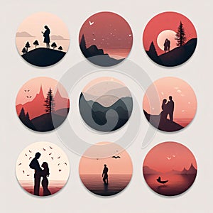 Silhouettes of people in the mountains. Set of round icons