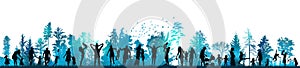 Silhouettes of people in nature. Family in the blue park. Vector illustration